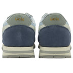 Rear view of a pair of light blue, navy, and grey Gola sneakers.