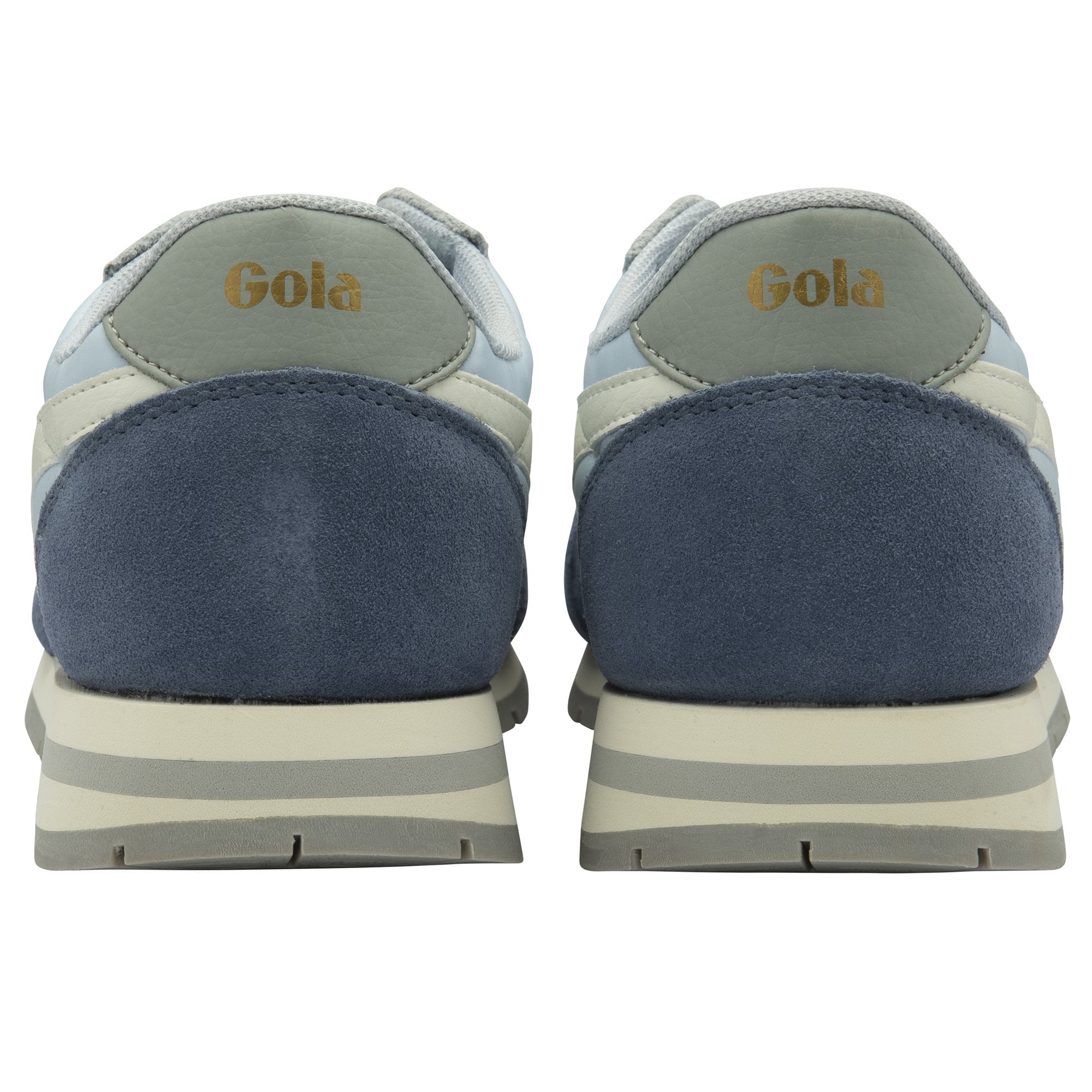 Rear view of a pair of light blue, navy, and grey Gola sneakers.