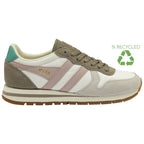 A white, pink, and taupe Gola trainer with a green recycled logo and text in the upper right corner.