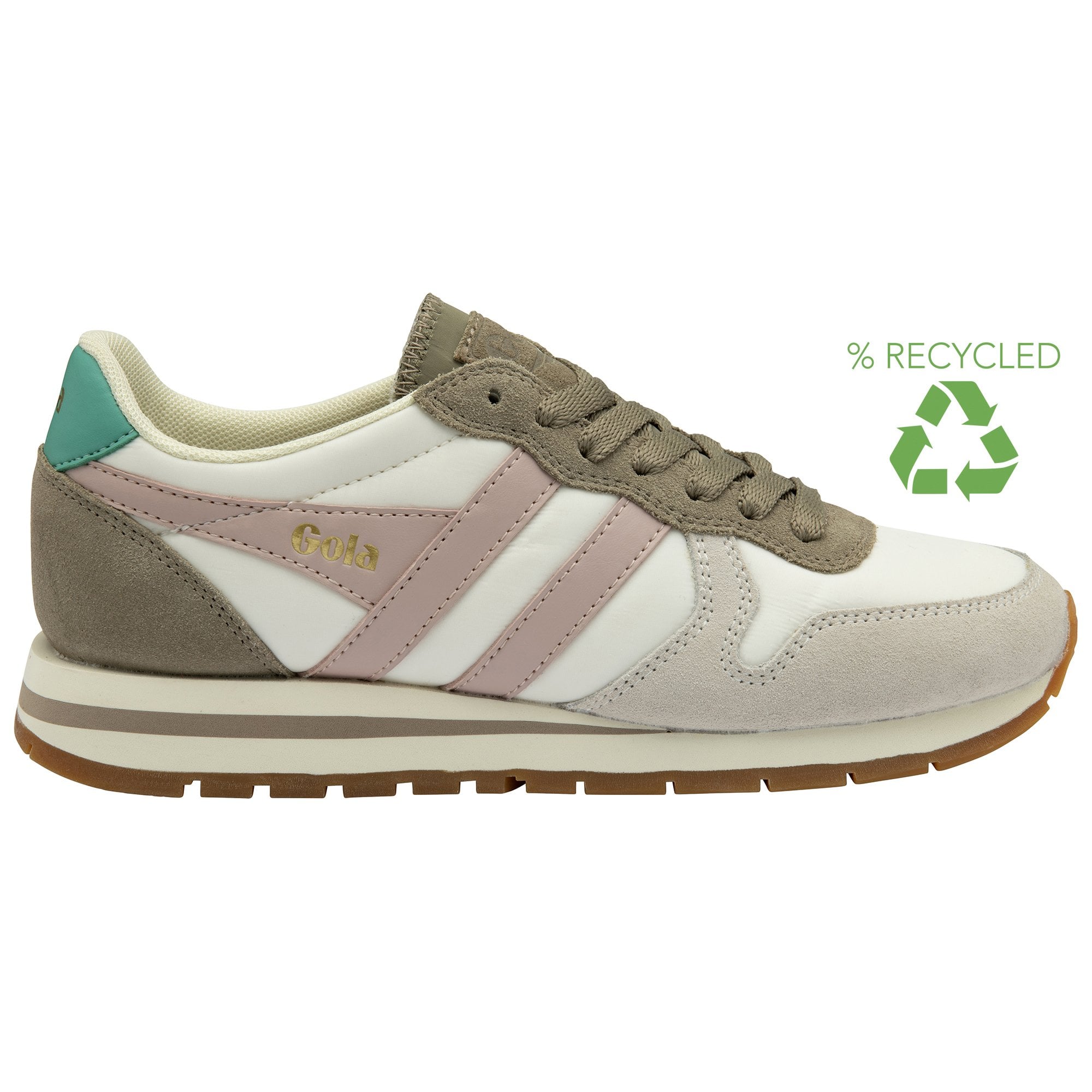 A white, pink, and taupe Gola trainer with a green recycled logo and text in the upper right corner.