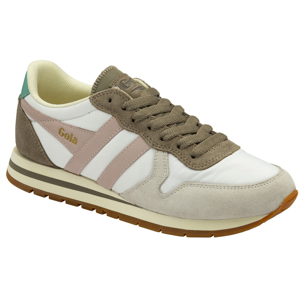 A single white, pink, and taupe Gola trainer.