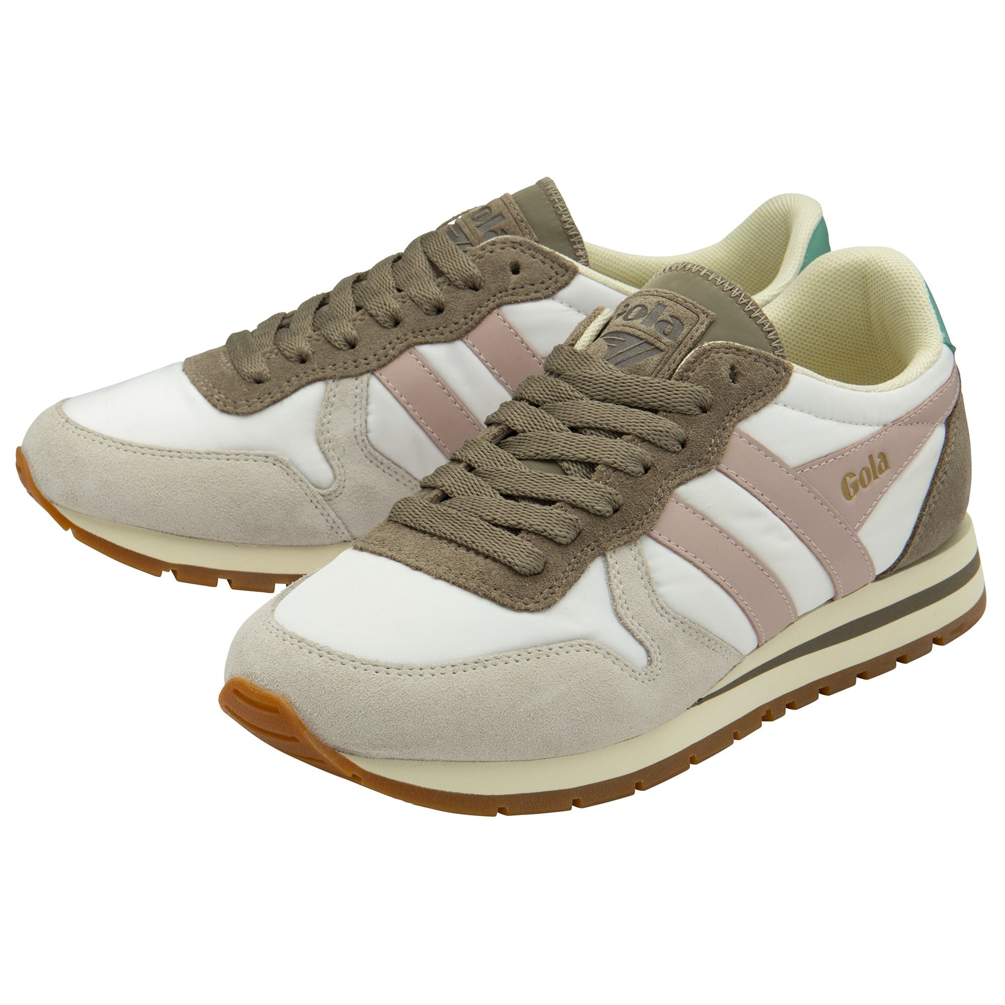 A pair of white, pink, and taupe Gola trainers with brown laces and soles.