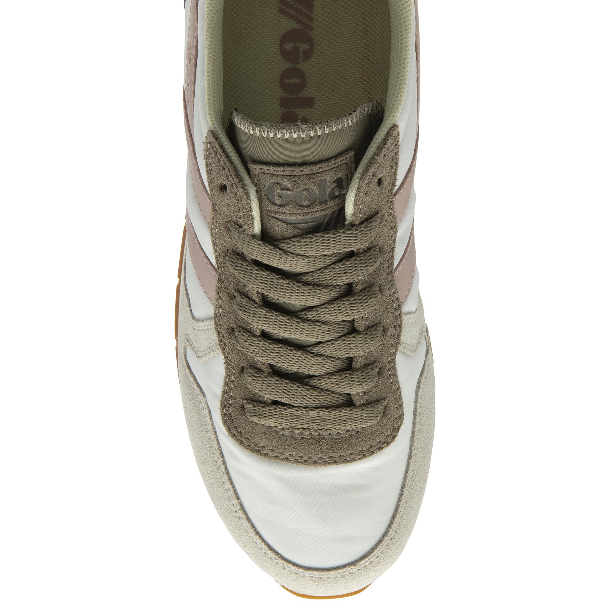 The top-down view of a single white, pink, and taupe Gola trainer with brown laces.