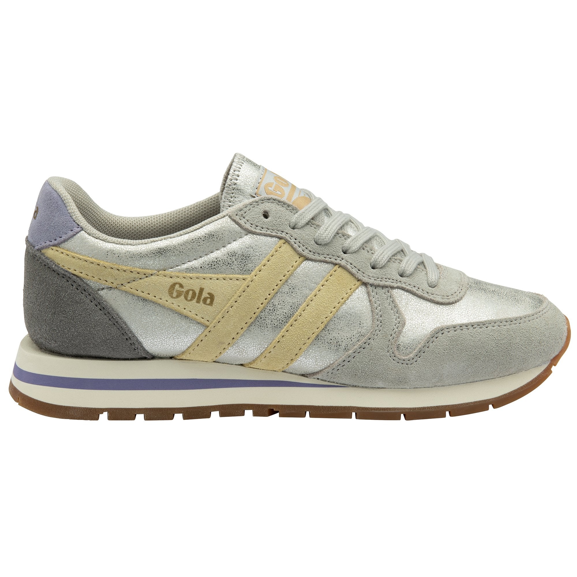 A shiny silver Gola Orchid sneaker with light yellow stripes and purple accents.