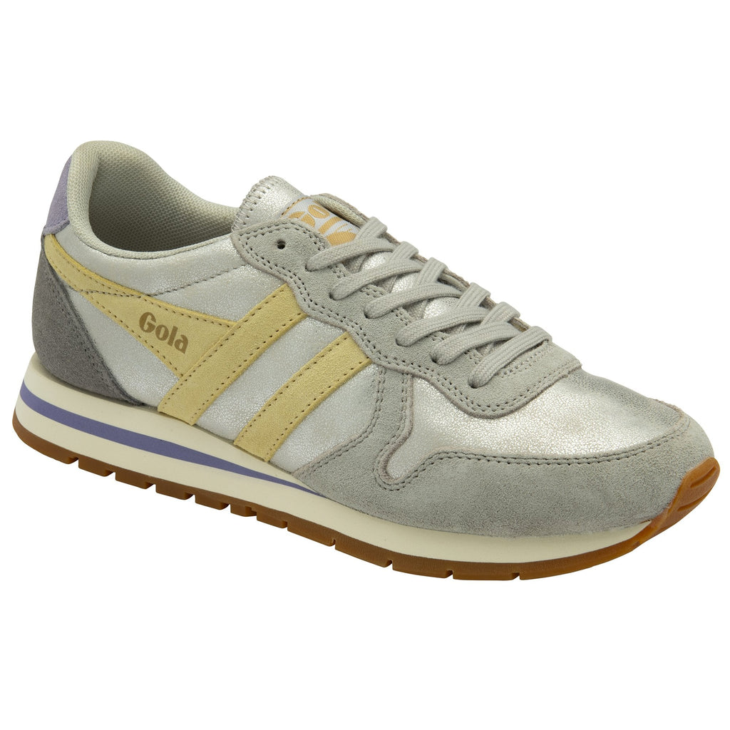 A single Gola Orchid sneaker in metallic silver with yellow stripes and purple trim.