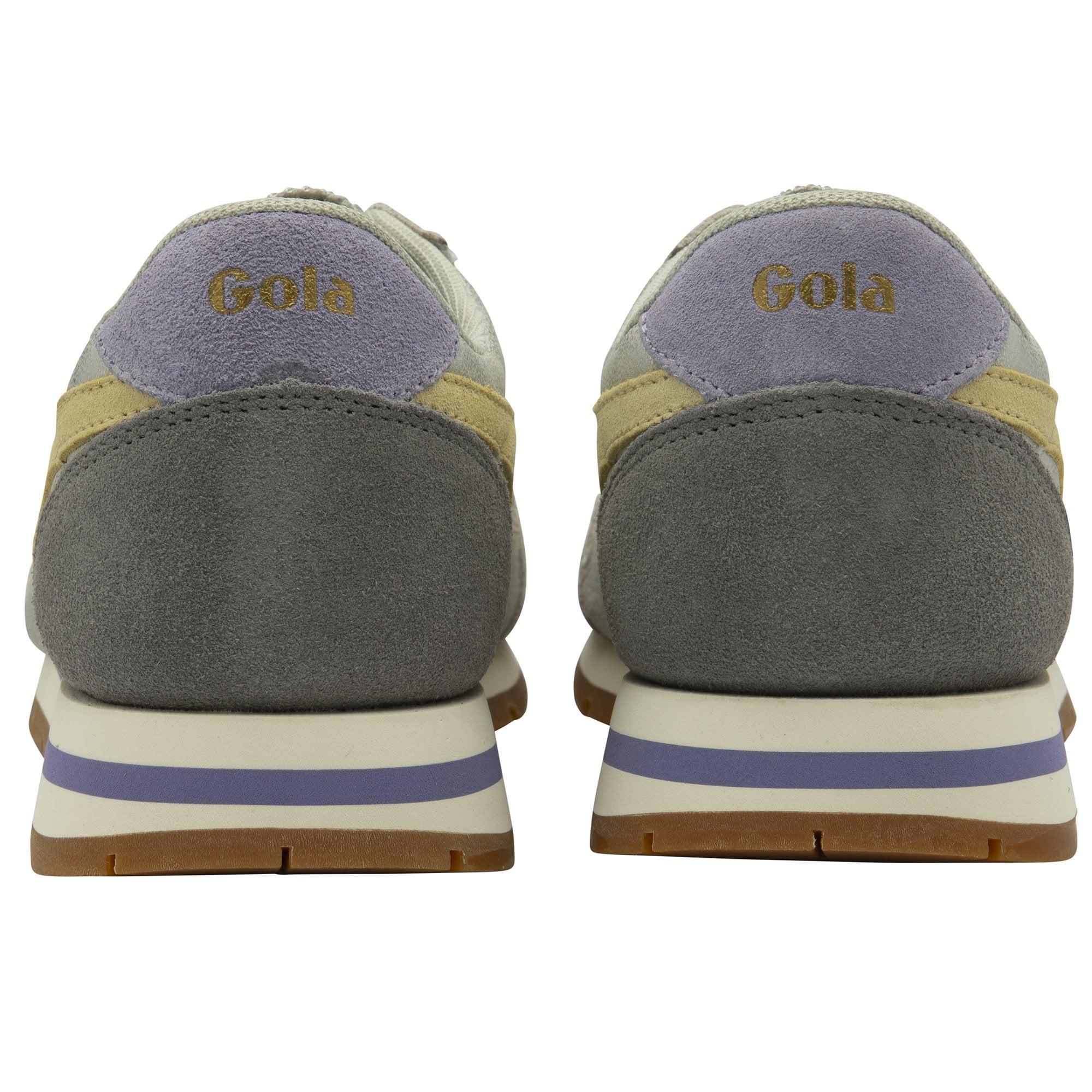 Rear view of two silver Gola Orchid sneakers with purple heels and Gola branding.