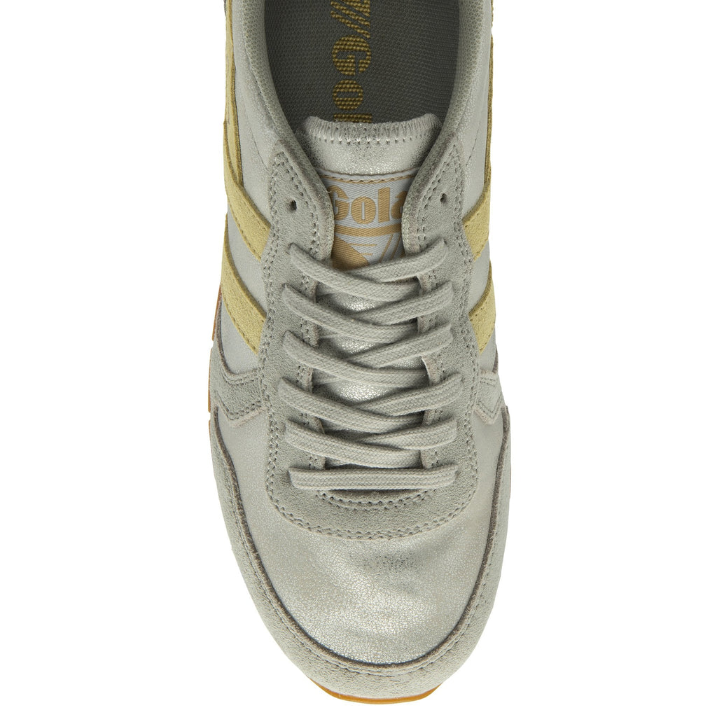 Top-down view of a silver Gola Orchid sneaker with yellow stripes and grey laces.