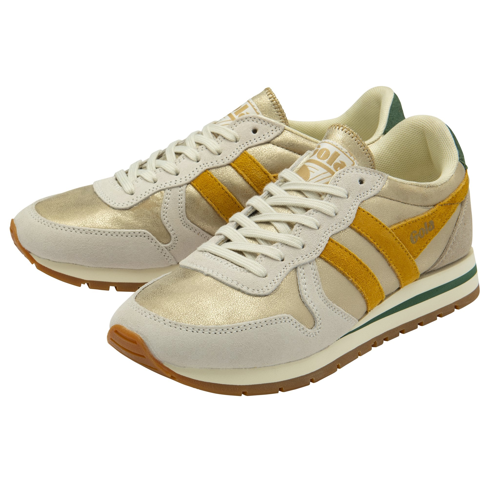 Pair of Gola women's trainers with gold and mustard stripes, side by side on a white background.