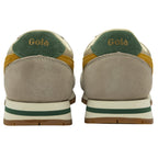 Rear view of a pair of Gola women's trainers with gold and mustard stripes on a white background.