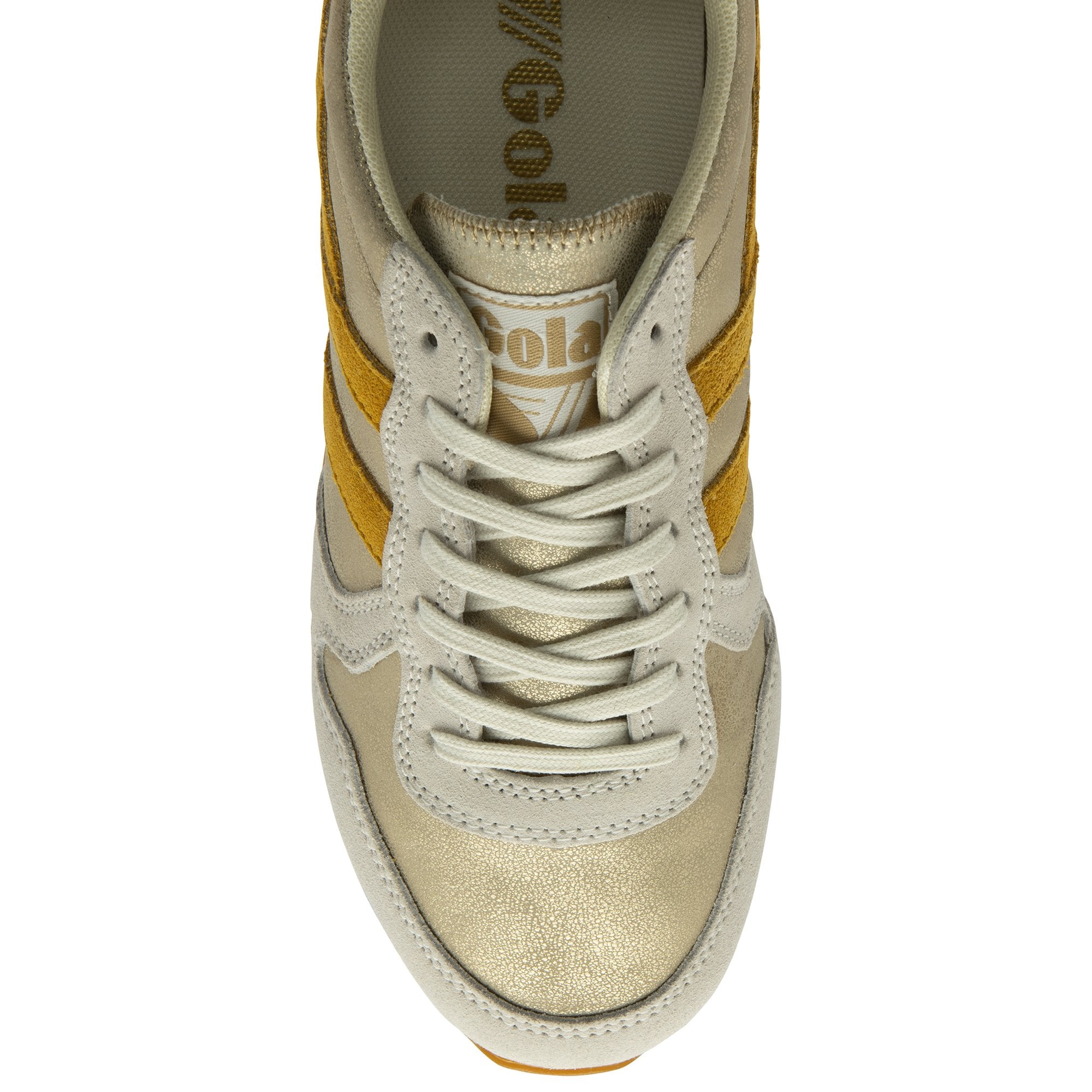 Top-down view of a single Gola women's trainer with gold and mustard stripes on a white background.