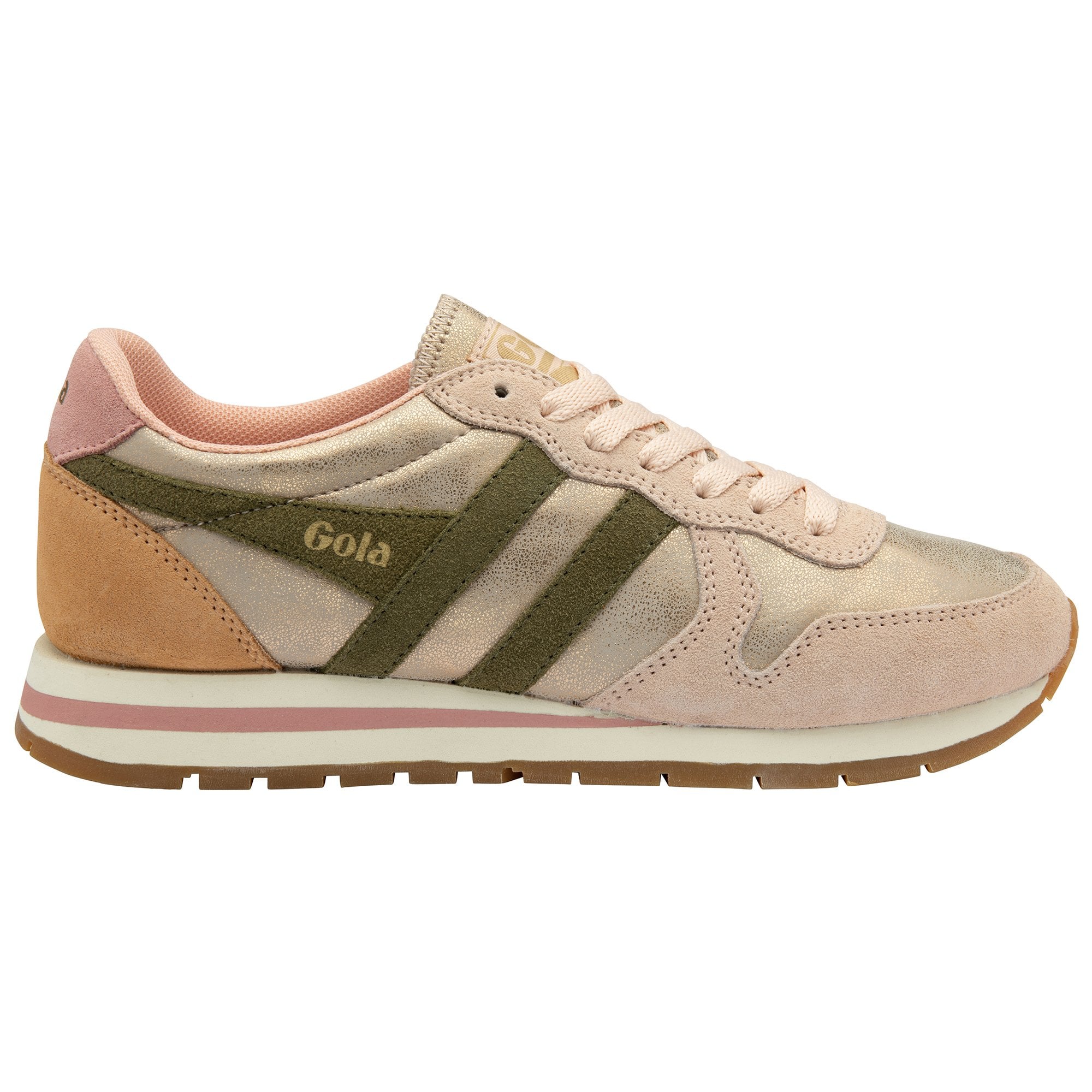 Side view of a single Gola women's trainer in blush pink and olive green.