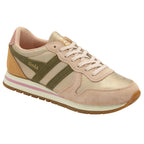 Angled side view of a single Gola women's trainer in blush pink and olive green.