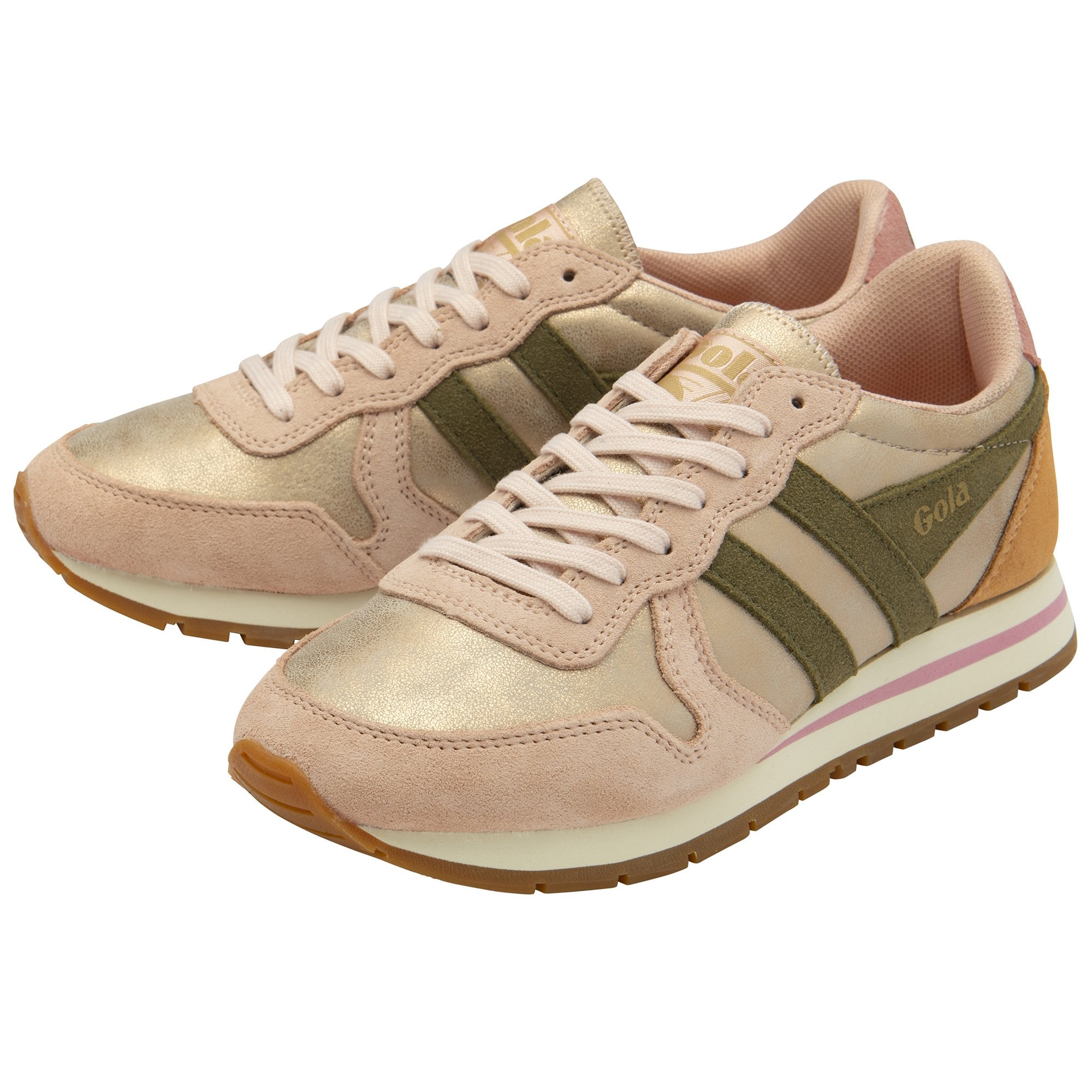 Pair of Gola women's trainers in blush pink and olive green.