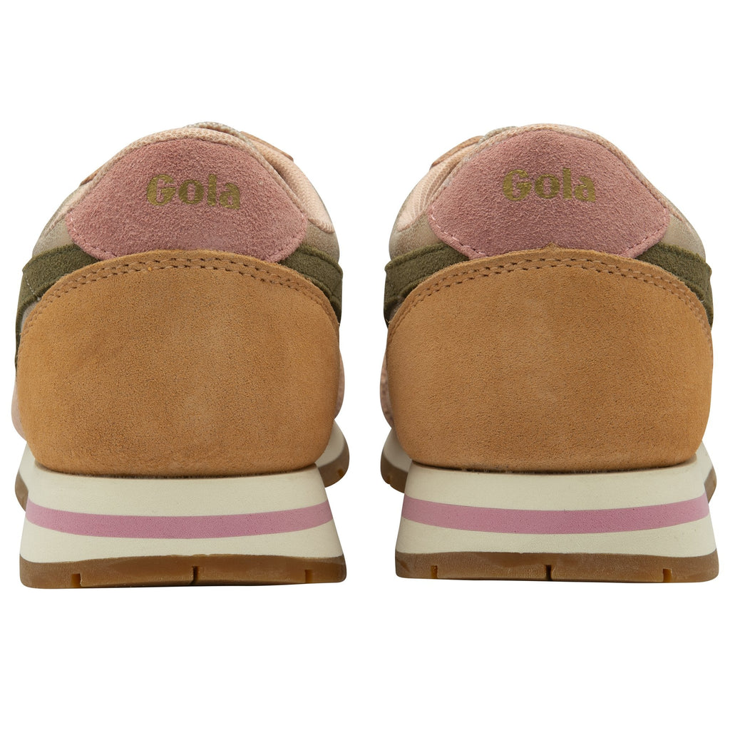 Rear view of a pair of Gola women's trainers in blush pink and olive green.