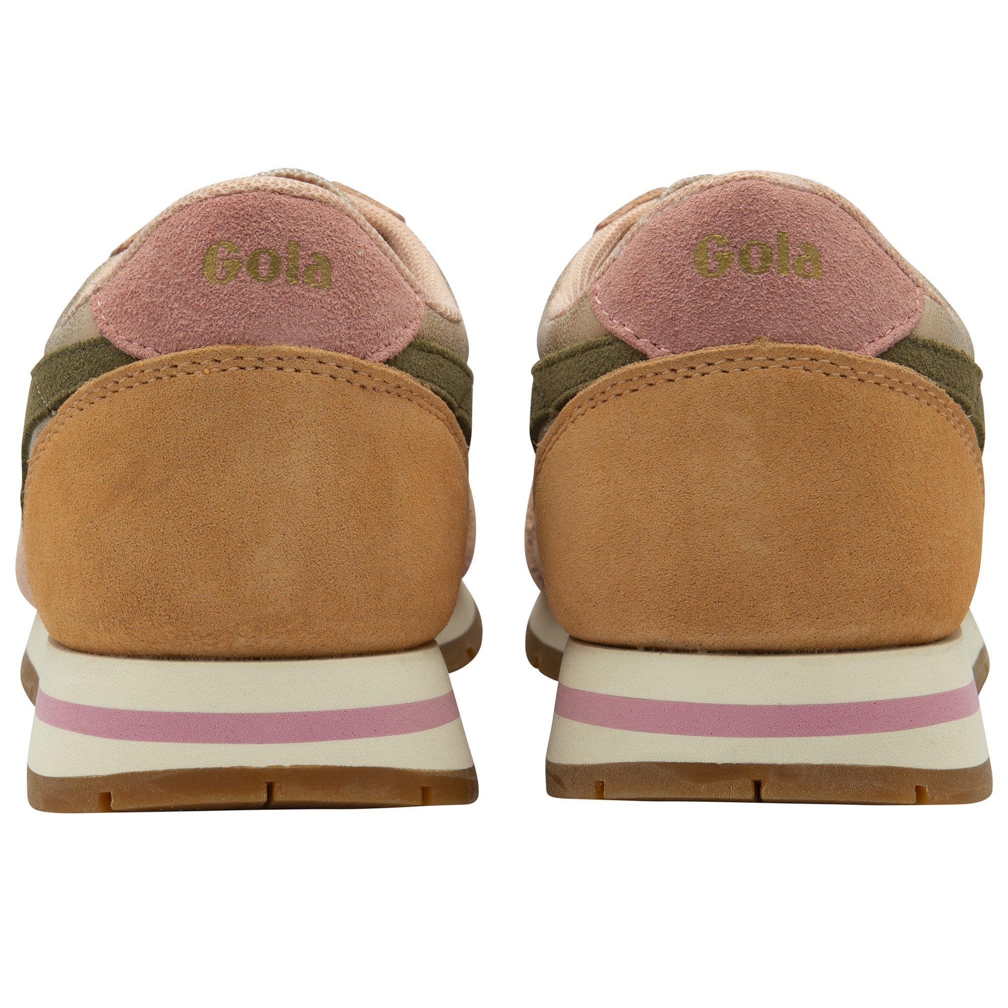 Rear view of a pair of Gola women's trainers in blush pink and olive green.