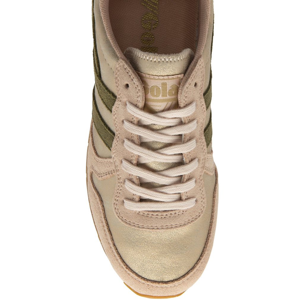 Top-down view of a single Gola women's trainer in blush pink and olive green.