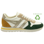 A recycled Gola sneaker with a white base, metallic gold accents, and green and mustard yellow details.