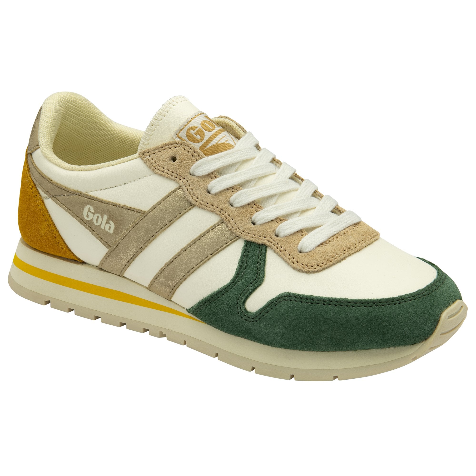 A single Gola trainer in white with green, mustard, and beige accents.