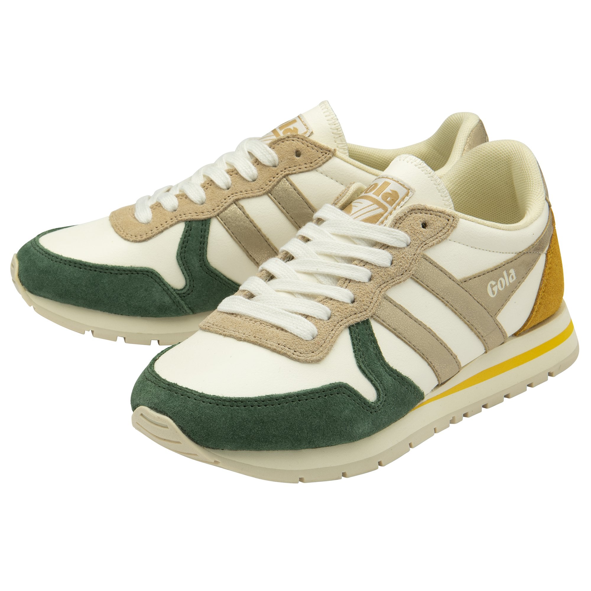 A pair of white, green, and mustard Gola sneakers from an elevated side view.