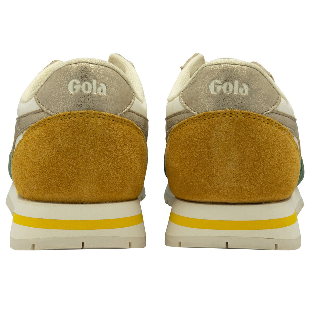 The back view of two Gola trainers, showcasing mustard heels and yellow sole stripes.