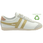 A white Gola sneaker with gold stripes and a green recycled logo, angled for a full view.
