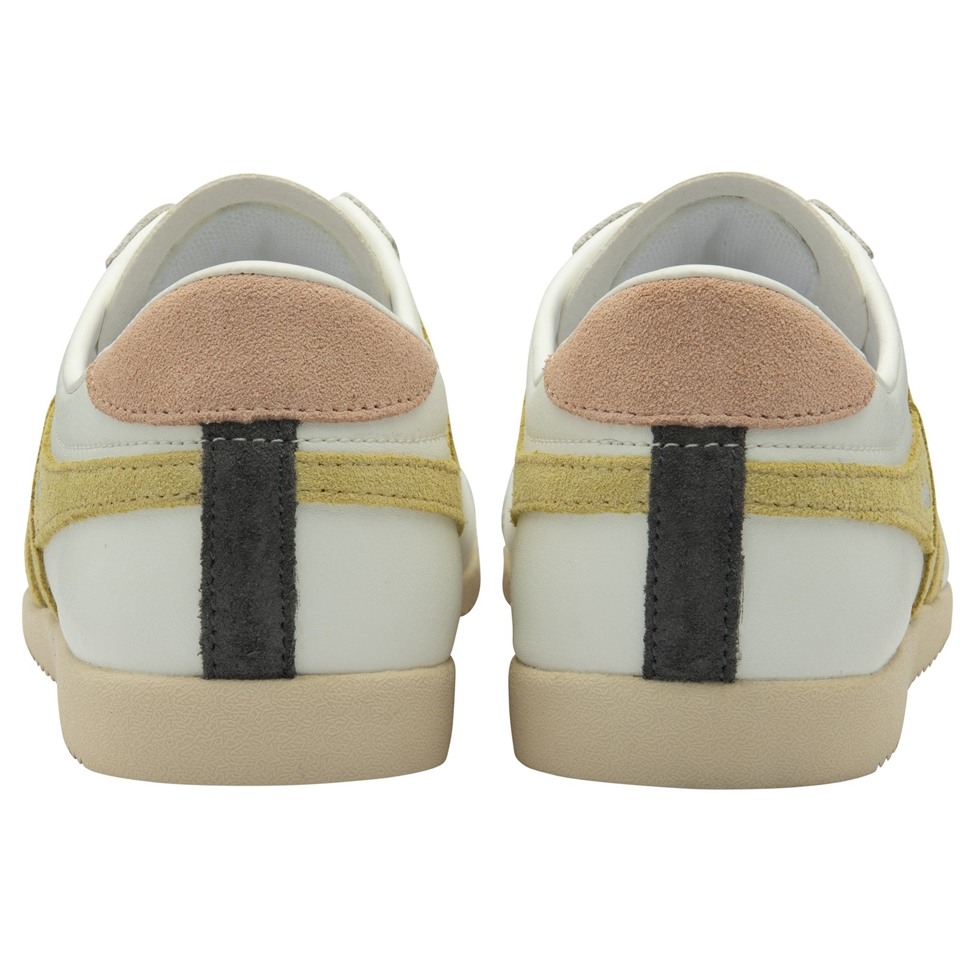 The back of two white Gola sneakers, showing pink heel tabs and dark gray accents.