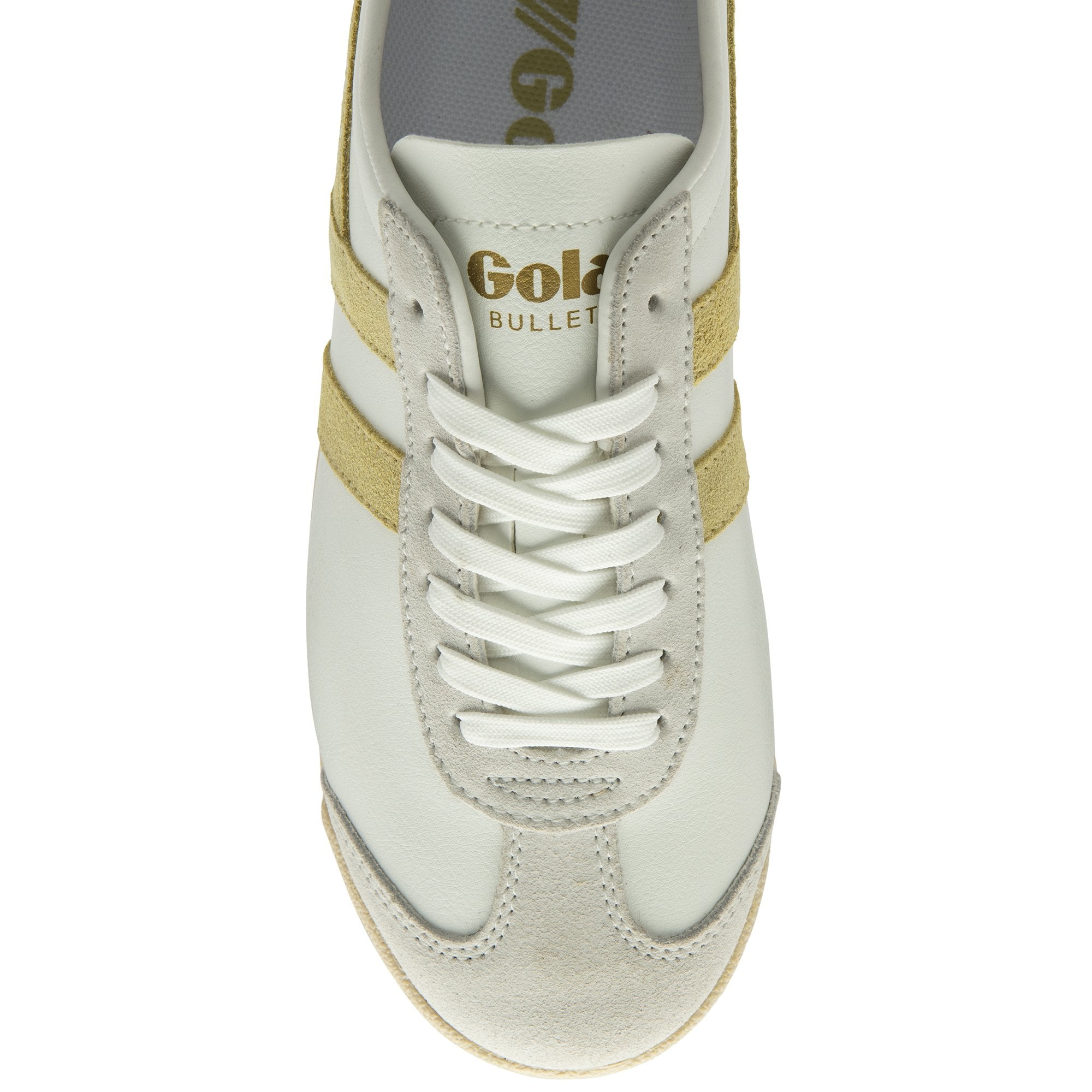 A close-up top view of the front of a white Gola sneaker with gold stripes and white laces.
