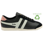 Black Gola Bullet trainers with white stripes and a pink heel tab, featuring a recycled logo.