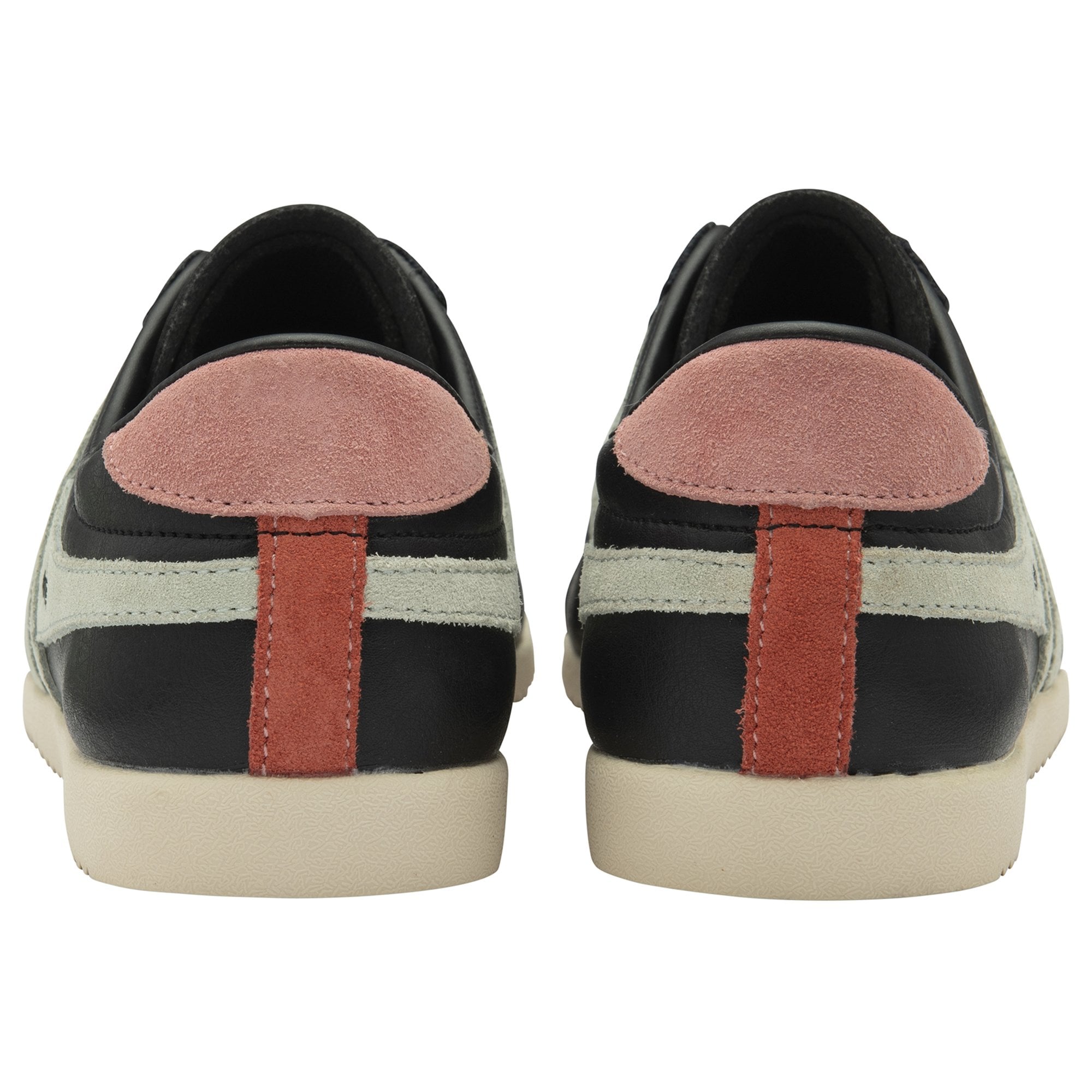 Rear view of black Gola Bullet trainers with pink heel tabs.