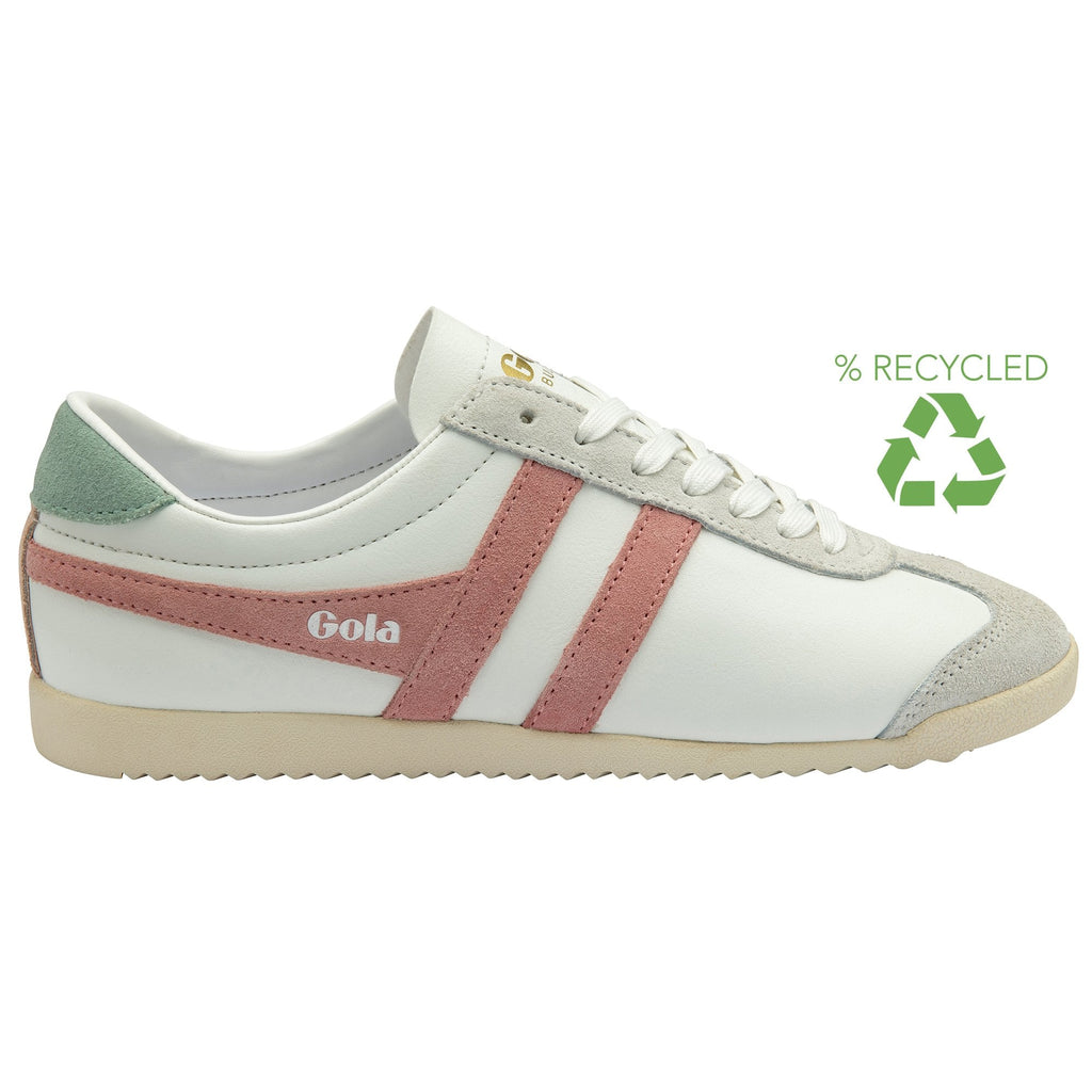 A white Gola sneaker with pink stripes, a green heel tab, and a recycling logo.