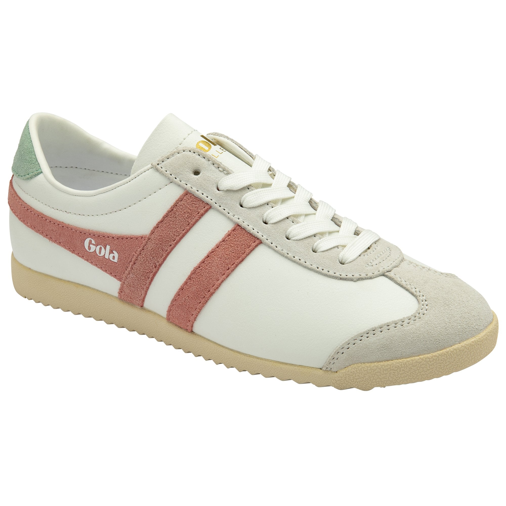 A single white Gola sneaker with pink stripes and a green heel tab.