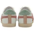 Rear view of two white Gola sneakers with green heel tabs and pink accents.