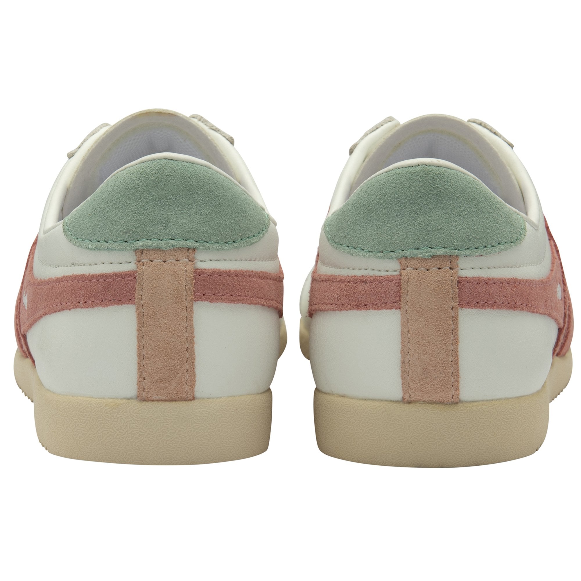 Rear view of two white Gola sneakers with green heel tabs and pink accents.