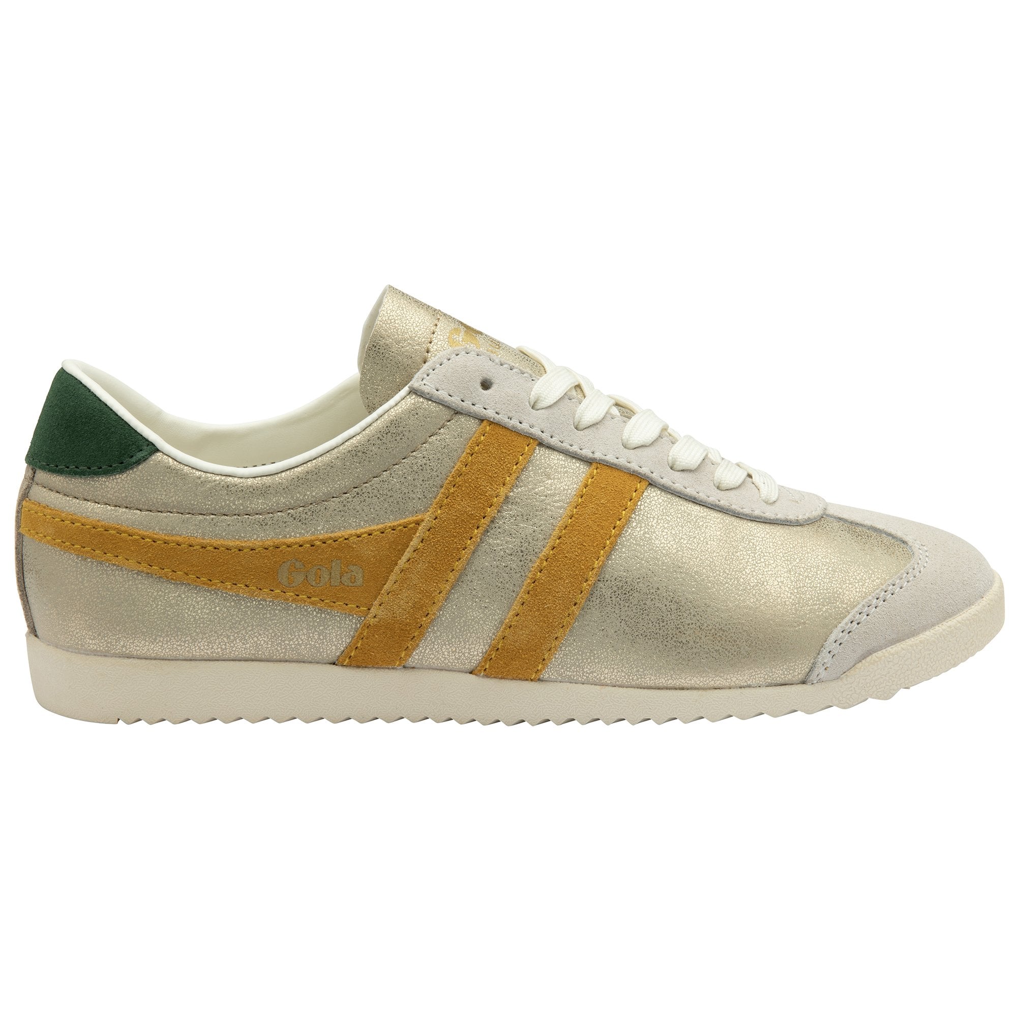 A right women's trainer, made of gold material with yellow stripes and a green heel collar.