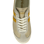 A top-down view of the front of a women's trainer, with gold material, yellow stripes.