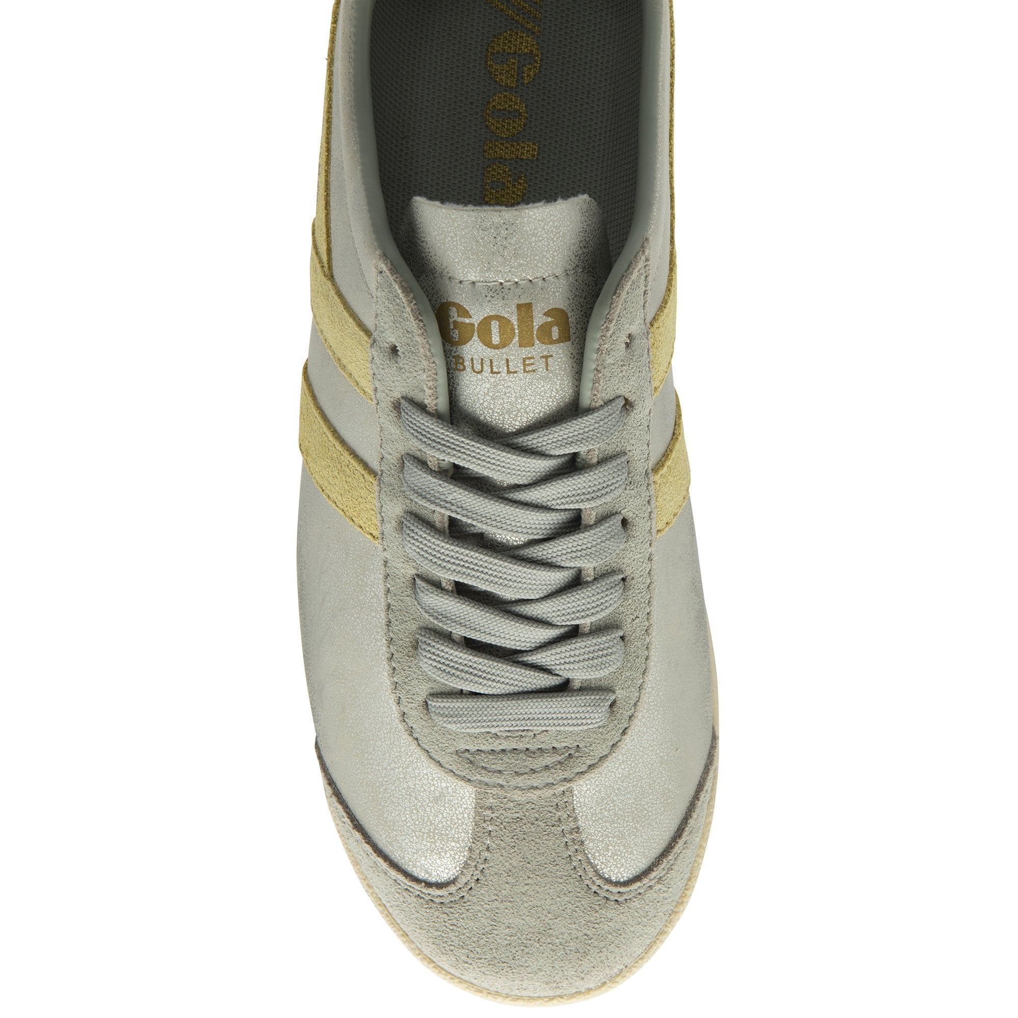 The Gola Bullet trainer from a top-down angle, showing the laces and front. 