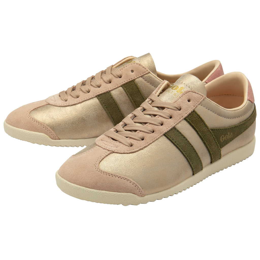 Pair of Gola Bullet Savanna women's sneakers, metallic bronze with green stripes.