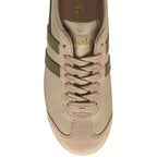 Top view of Gola Bullet Savanna women's sneaker, metallic bronze with green stripes.
