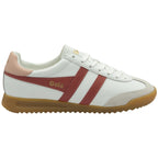 White and red Gola sneakers with a gum sole, side view.