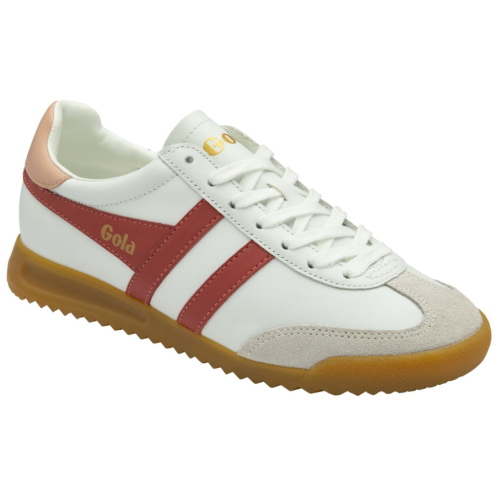 White and red Gola sneakers with a gum sole, front-side view.