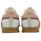 Back view of two white and red Gola sneakers with gum soles.