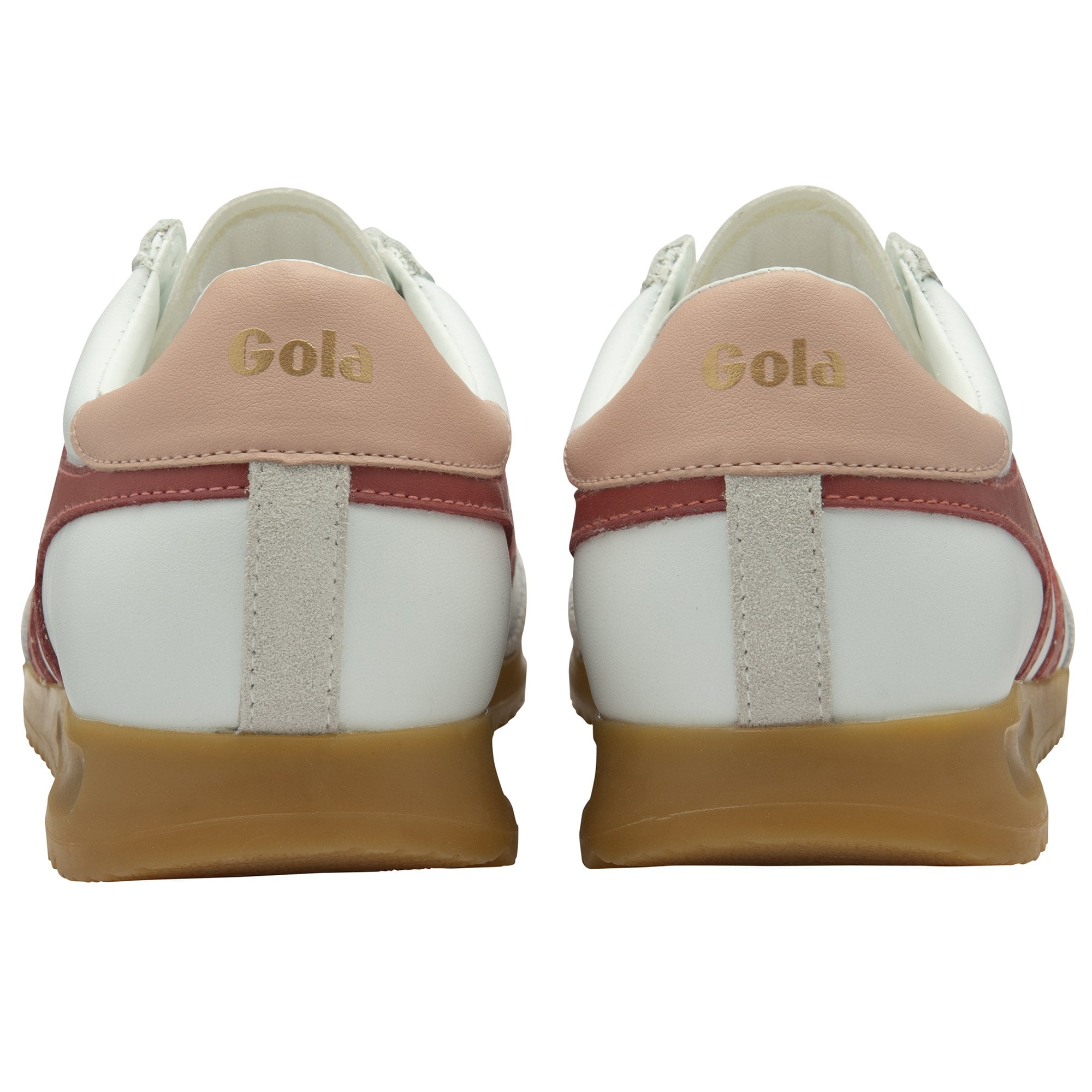 Back view of two white and red Gola sneakers with gum soles.