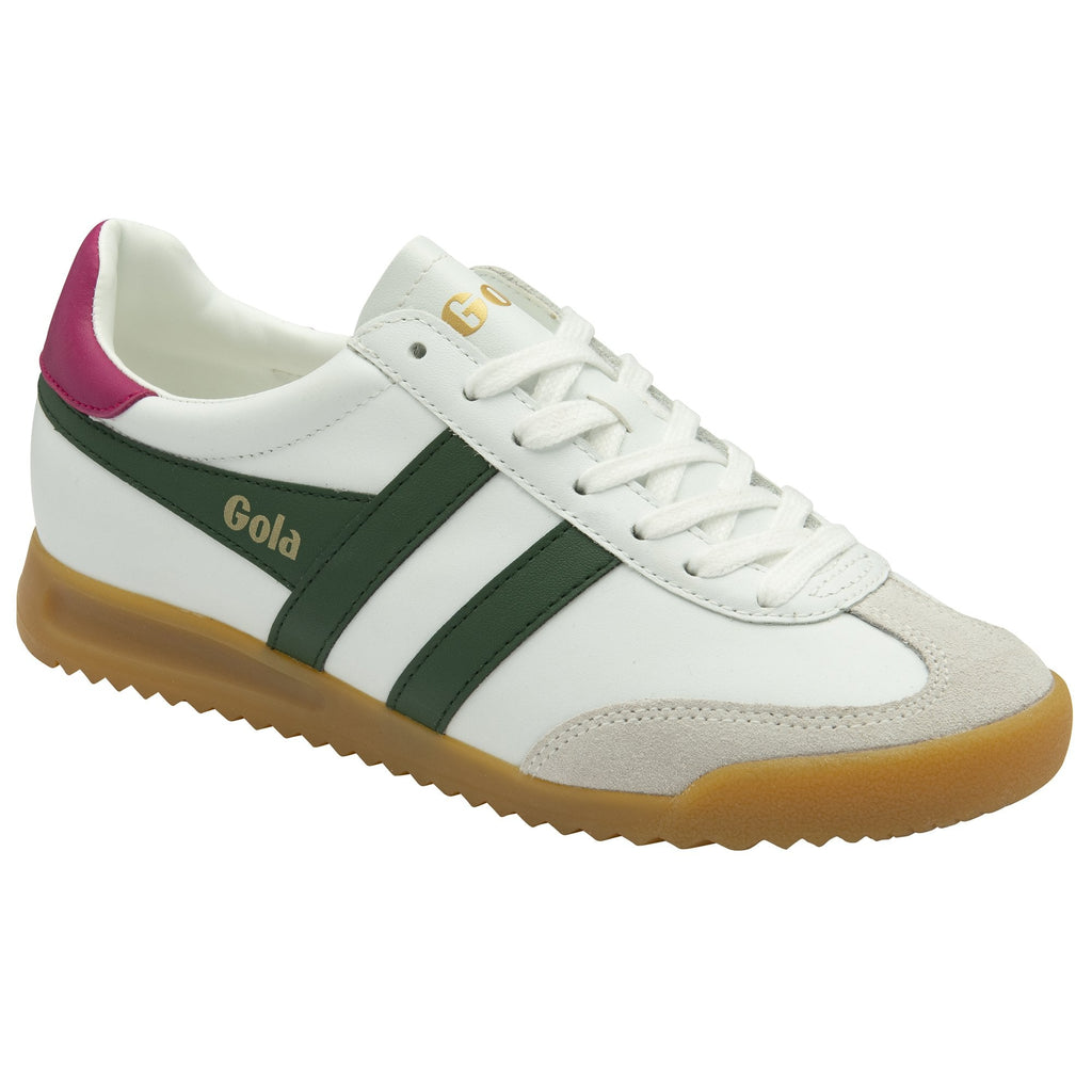 A white Gola sneaker with green stripes, burgundy heel, and gum sole.