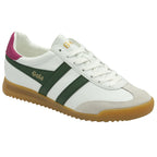 A white Gola sneaker with green stripes, burgundy heel, and gum sole.