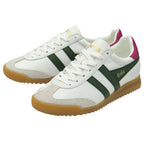A pair of white Gola sneakers with green stripes, burgundy heels, and gum soles.