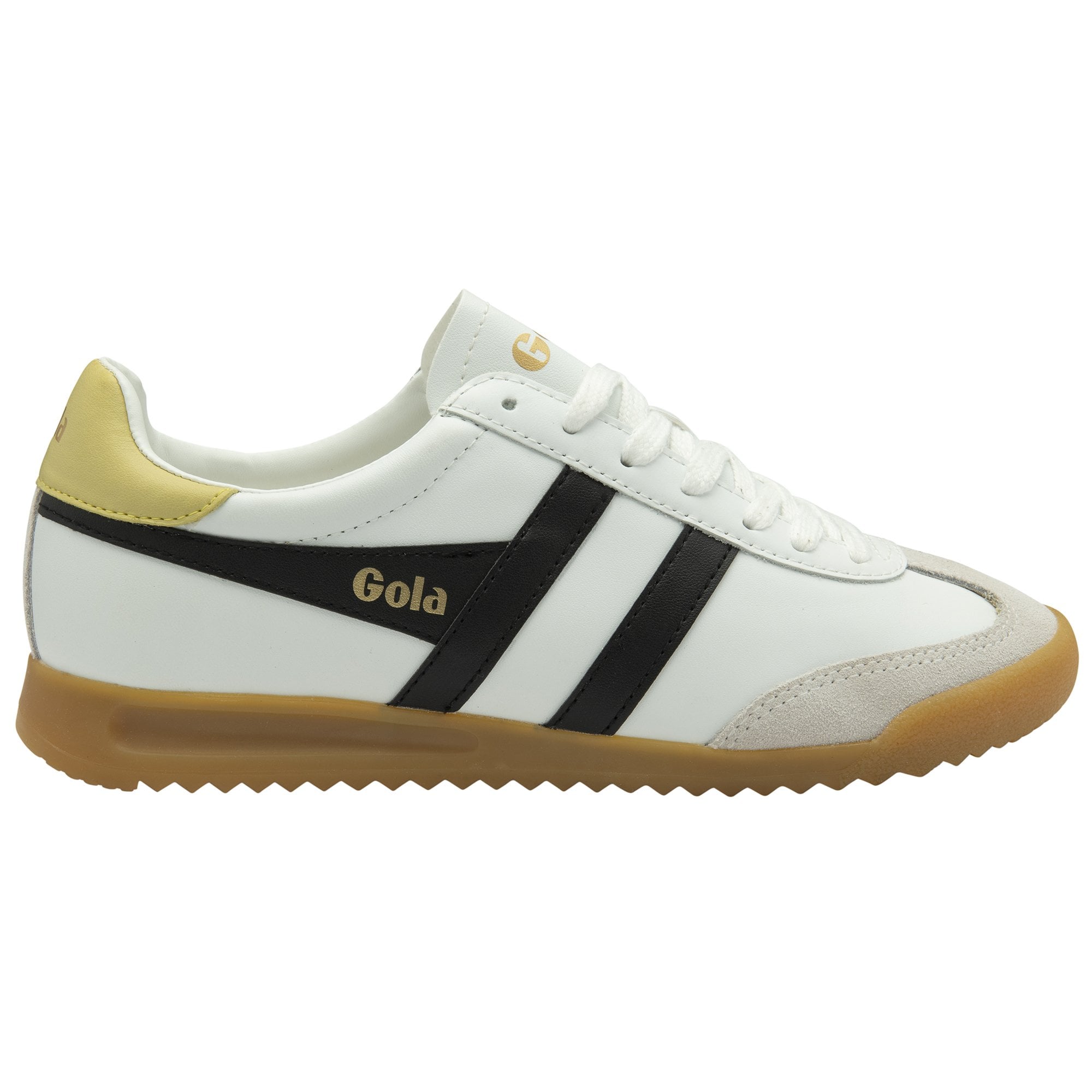 A single white and black Gola sneaker with gold accents and a gum sole.