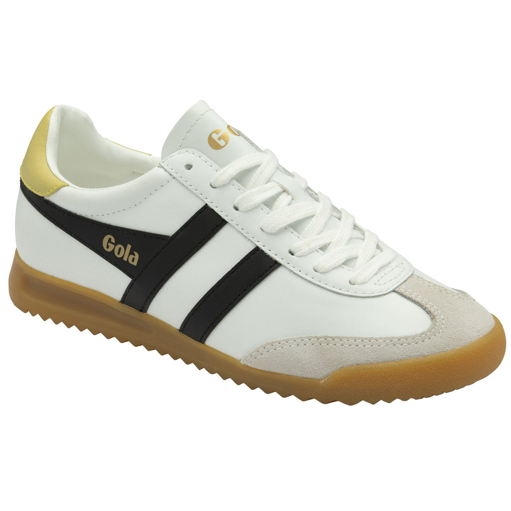 A white Gola sneaker with black stripes and gold heel, top down view.