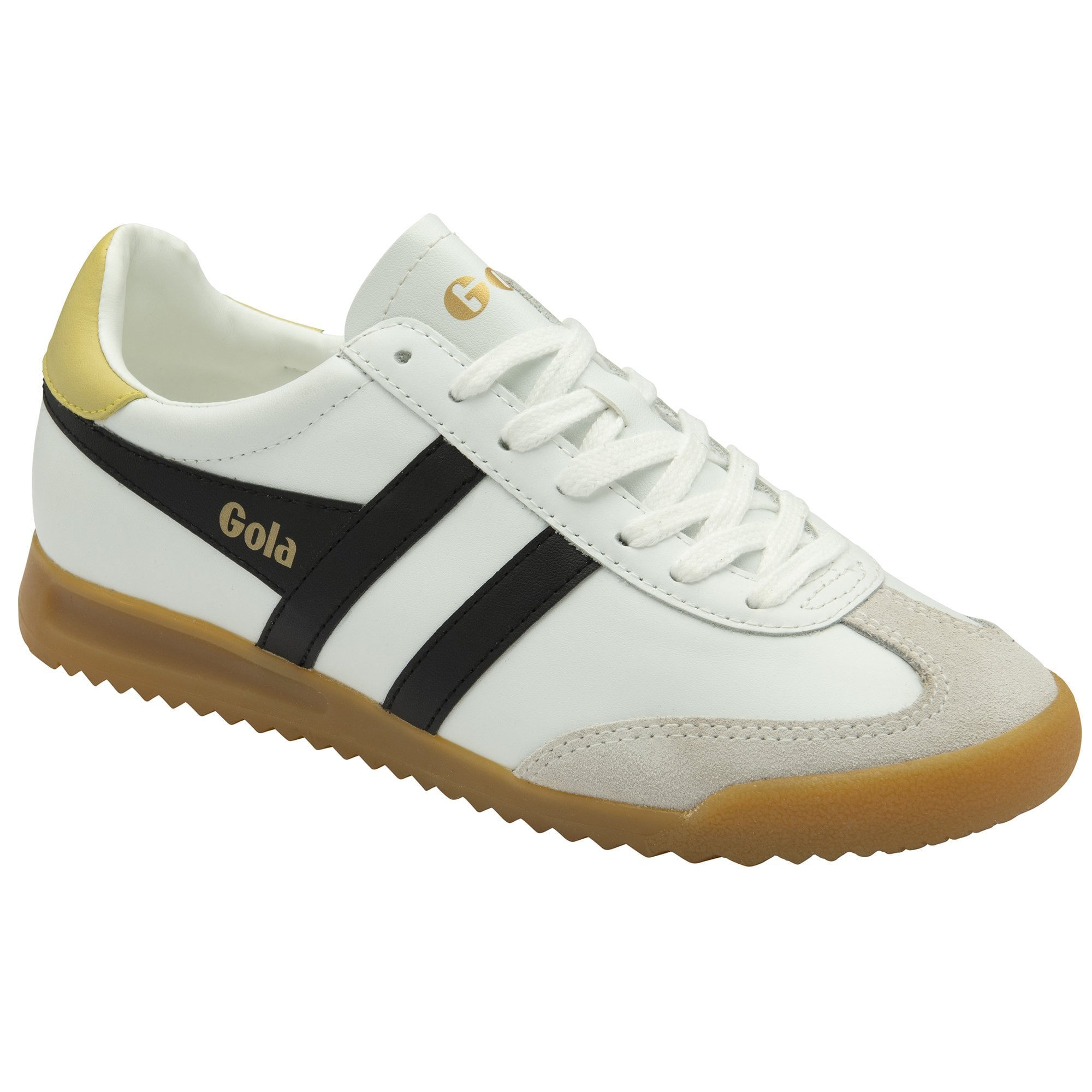 A white Gola sneaker with black stripes and gold heel, top down view.