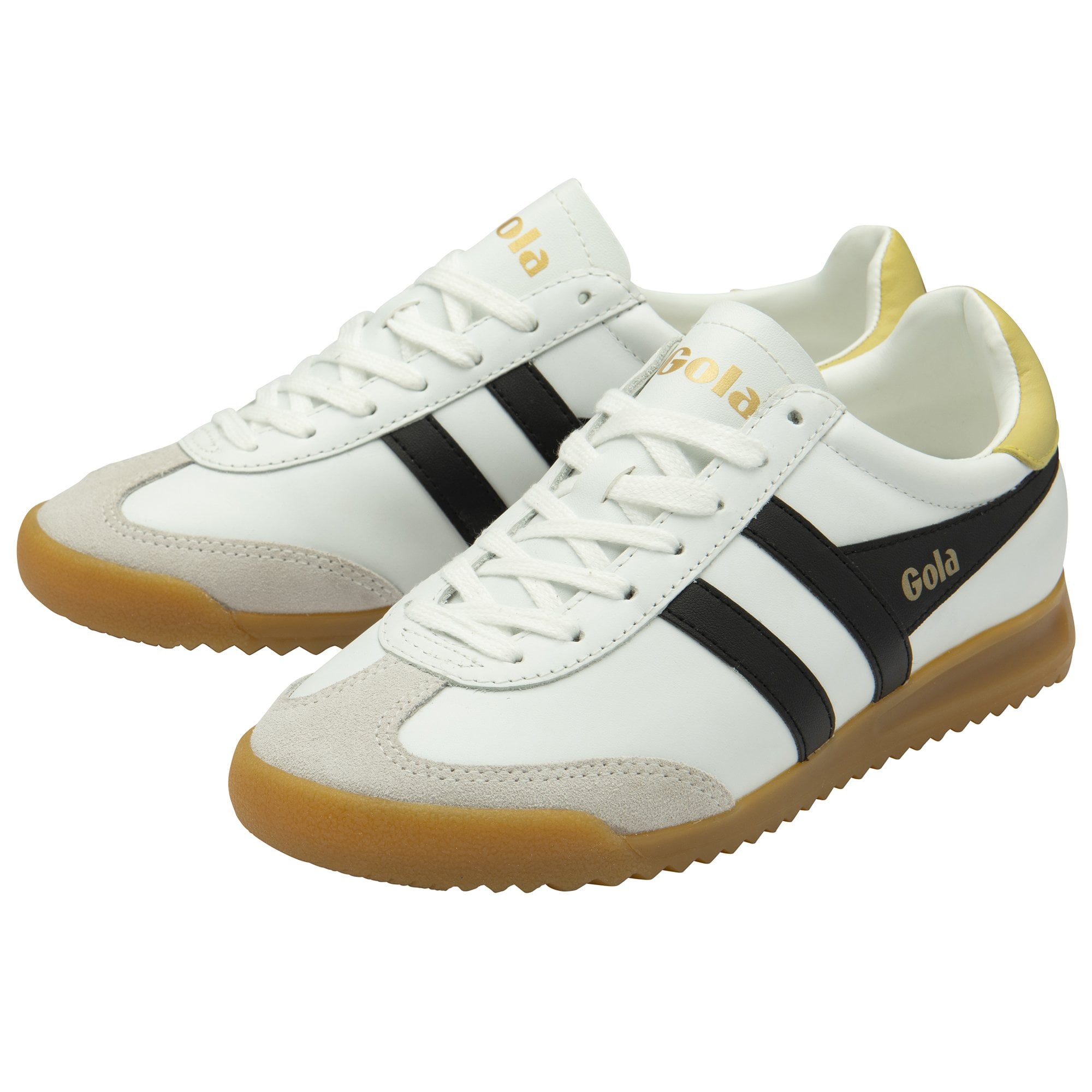 A pair of white Gola sneakers with black stripes, gold accents, and gum soles.