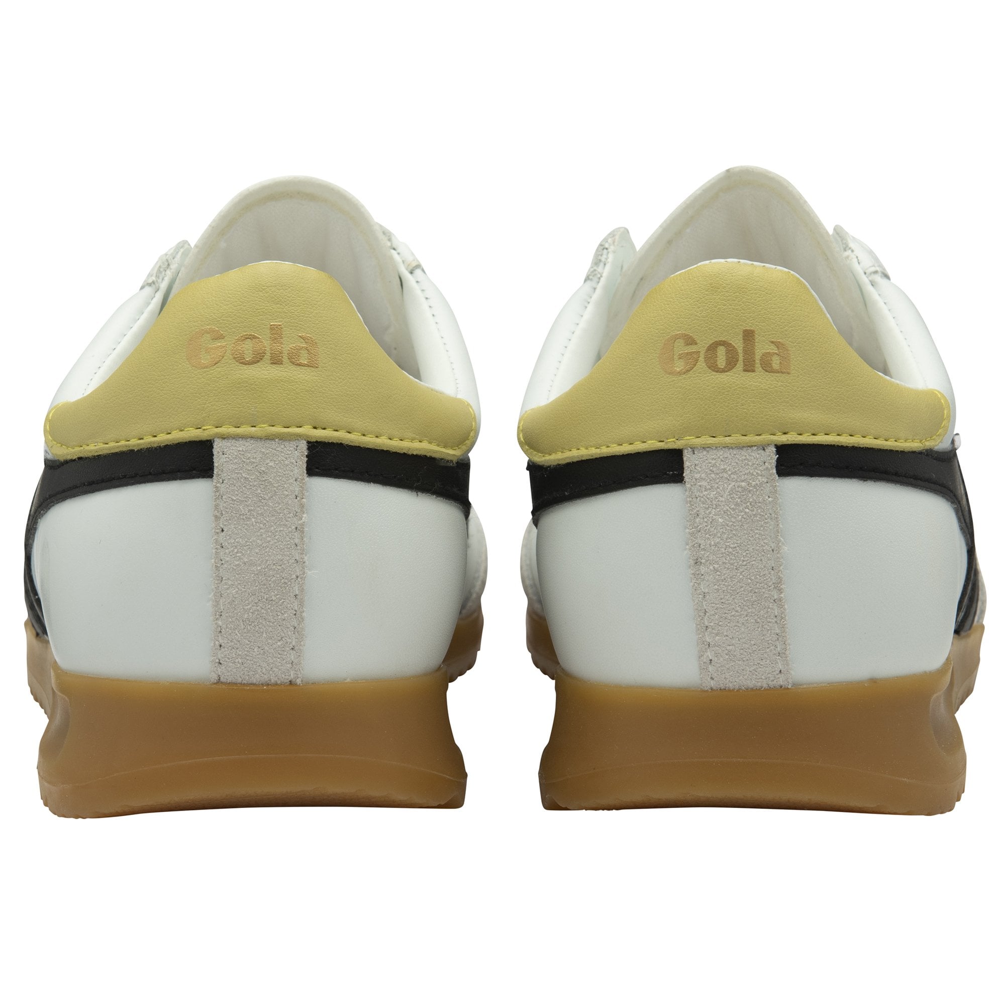 The back view of two Gola sneakers with gold heels and gum soles.